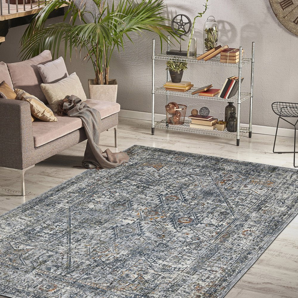 5' X 8' Ivory Gray And Rust Oriental Area Rug