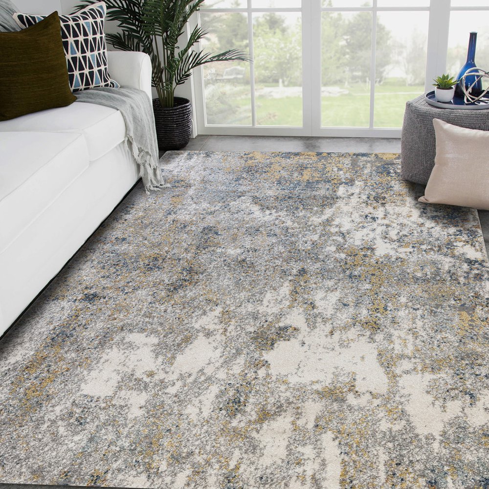 5' X 8' Ivory Blue And Yellow Abstract Area Rug