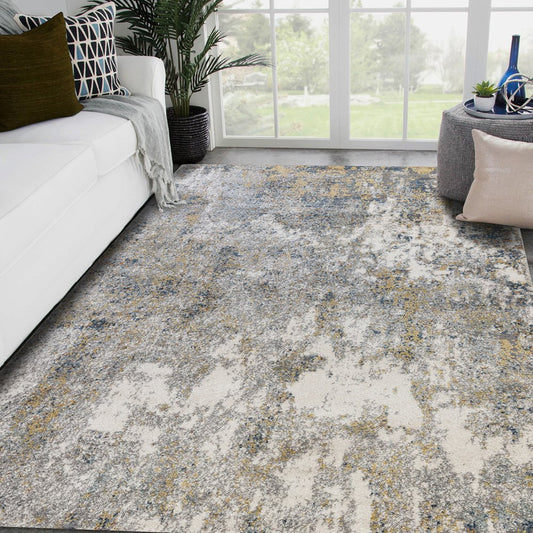 5' X 8' Ivory Blue And Yellow Abstract Area Rug