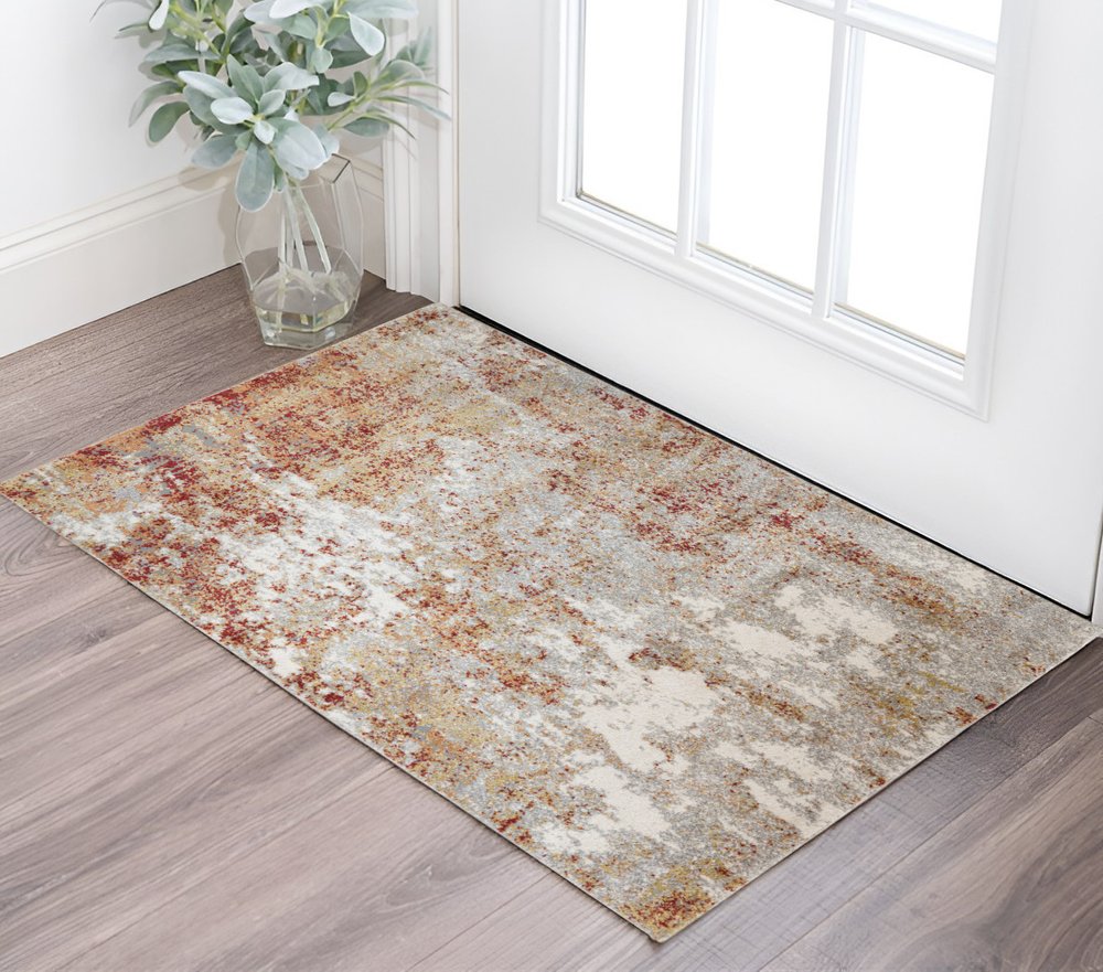 2' X 3' Ivory Red And Gray Abstract Area Rug