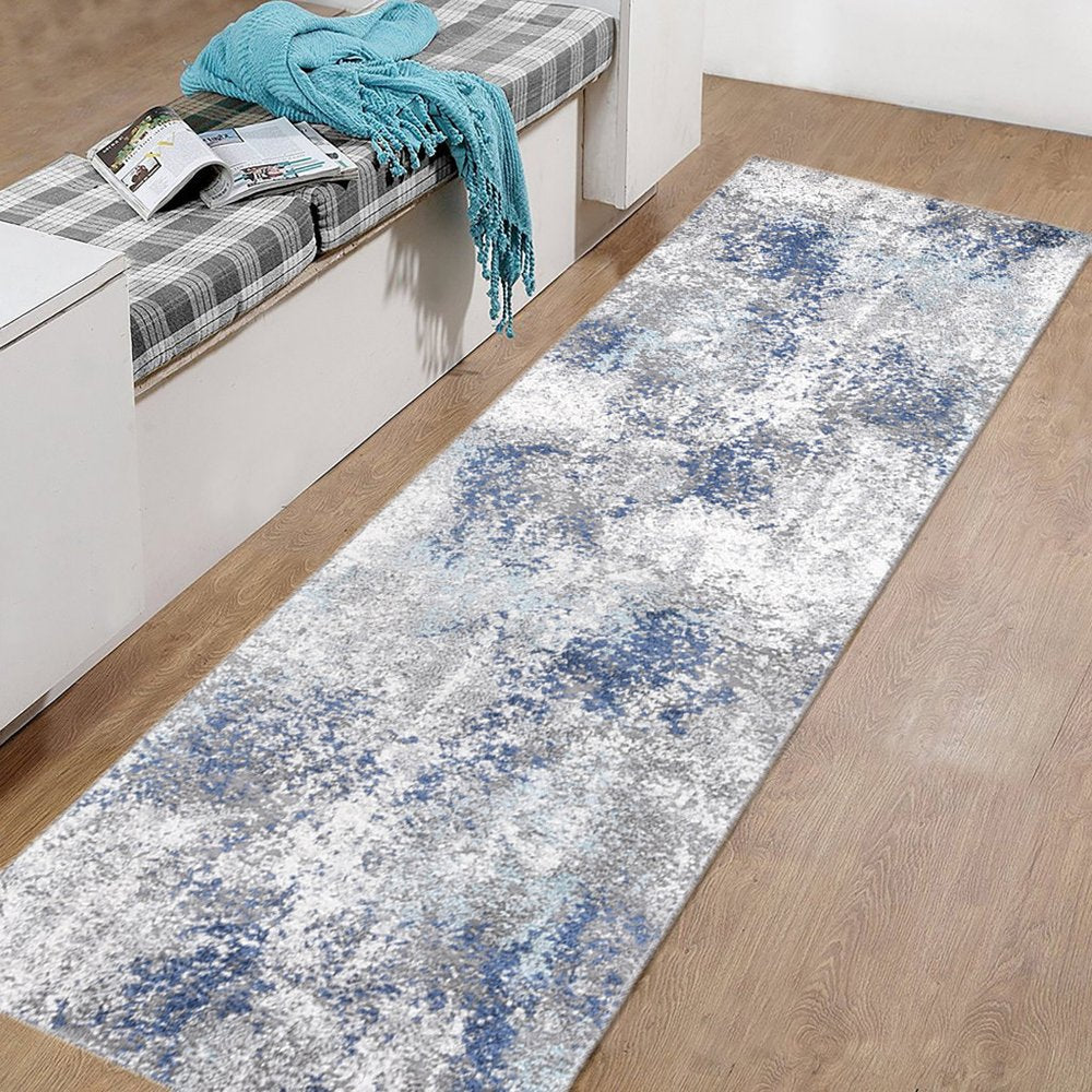 9' X 12' Ivory Blue And Gray Abstract Area Rug