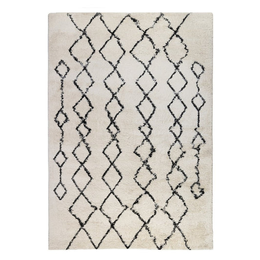 5' X 8' Ivory And Black Geometric Shag Area Rug