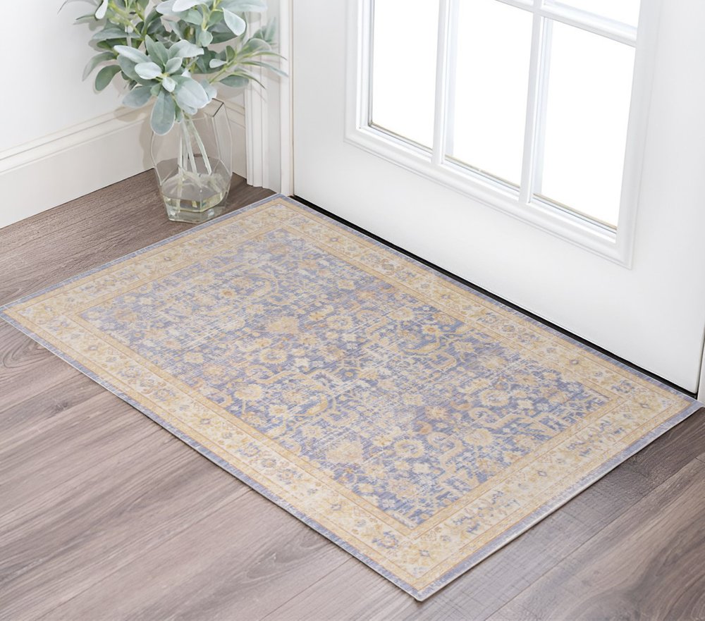 2' X 3' Gray Yellow And Lavender Floral Distressed Area Rug