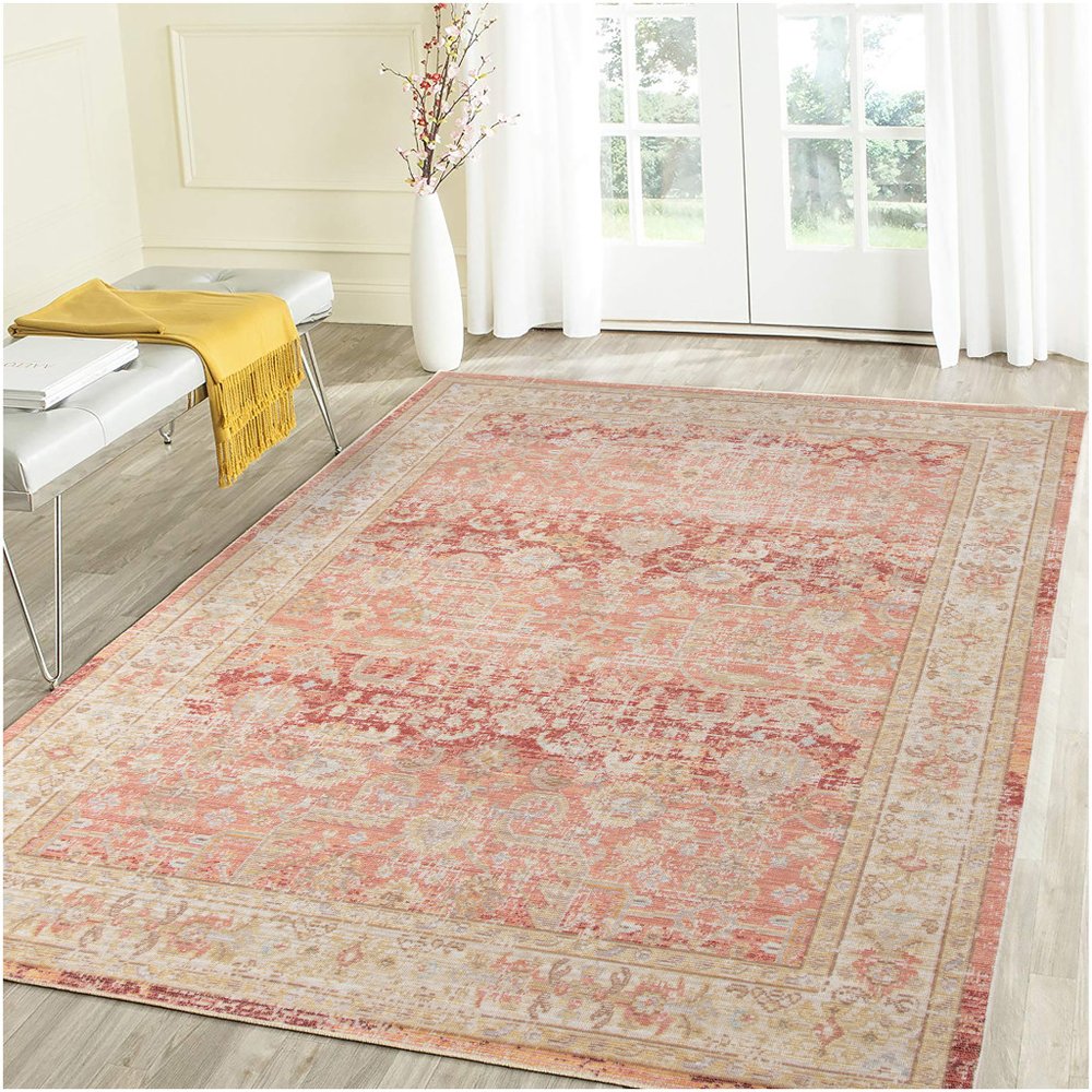2' X 3' Salmon And Tan Floral Distressed Area Rug