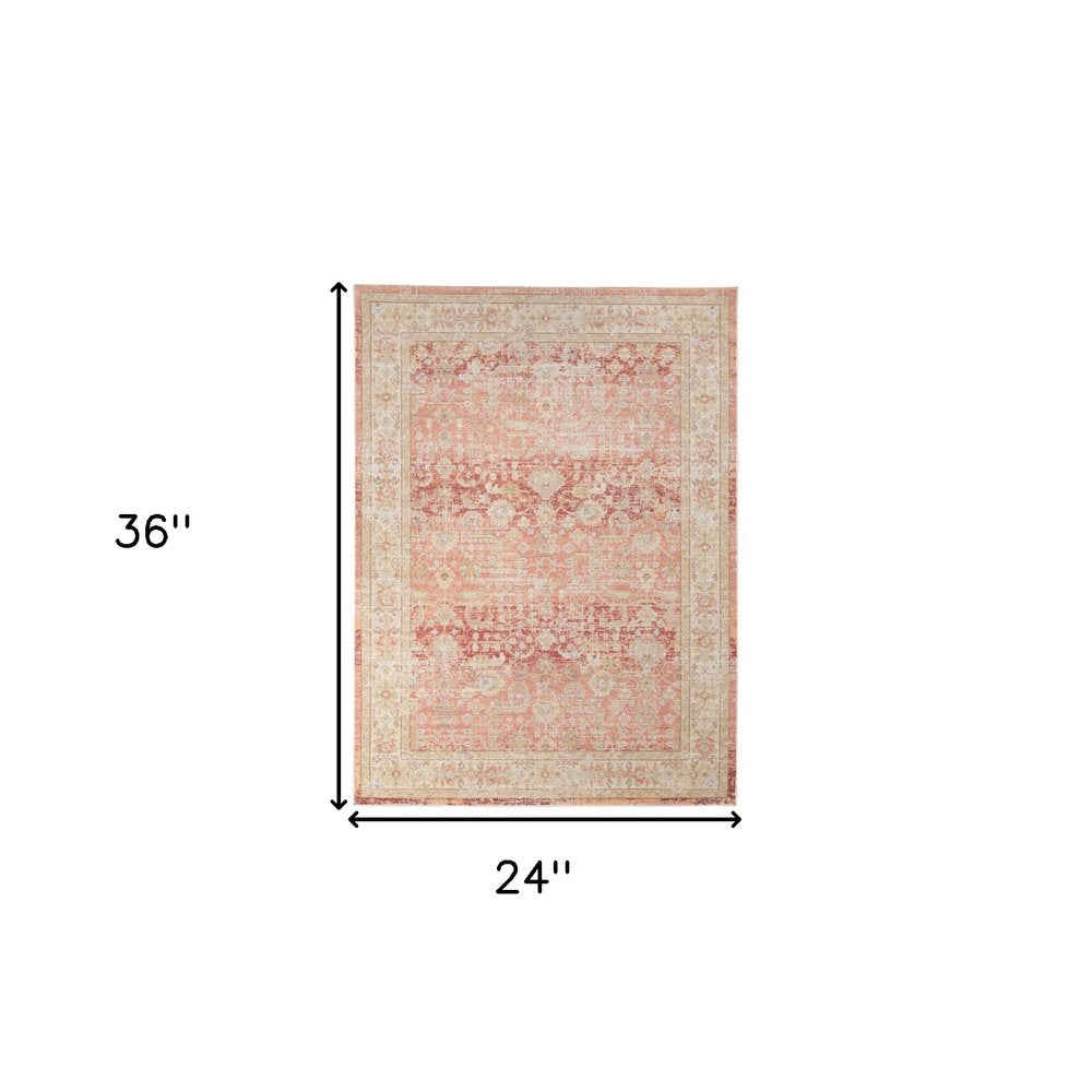 2' X 3' Salmon And Tan Floral Distressed Area Rug