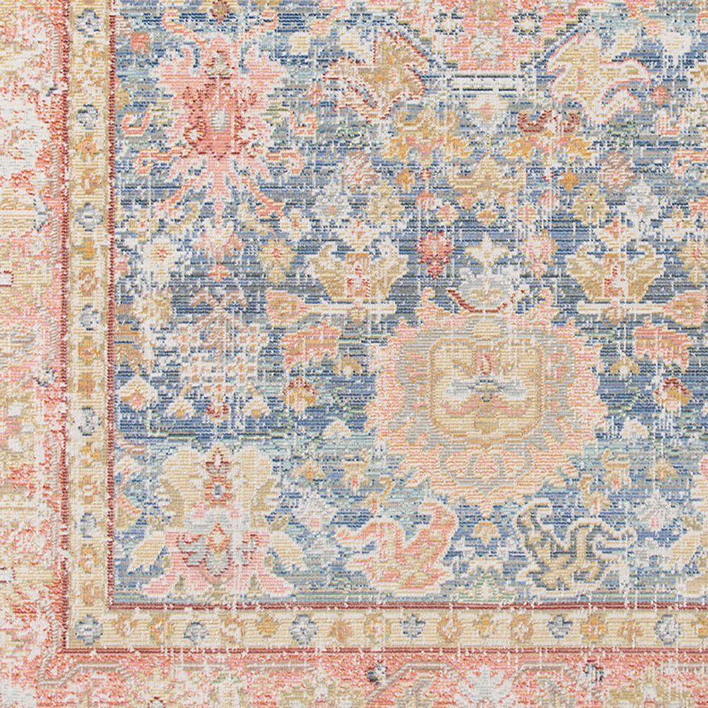 2' X 3' Coral And Blue Oriental Distressed Area Rug