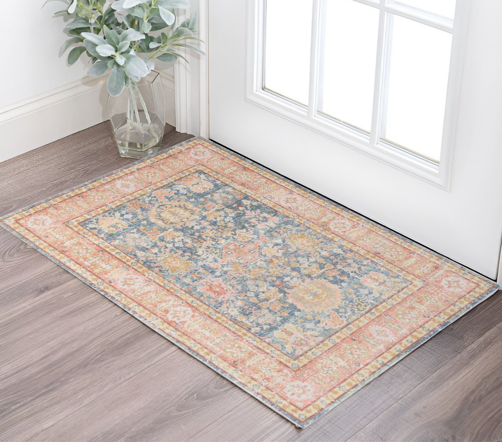 2' X 3' Coral And Blue Oriental Distressed Area Rug