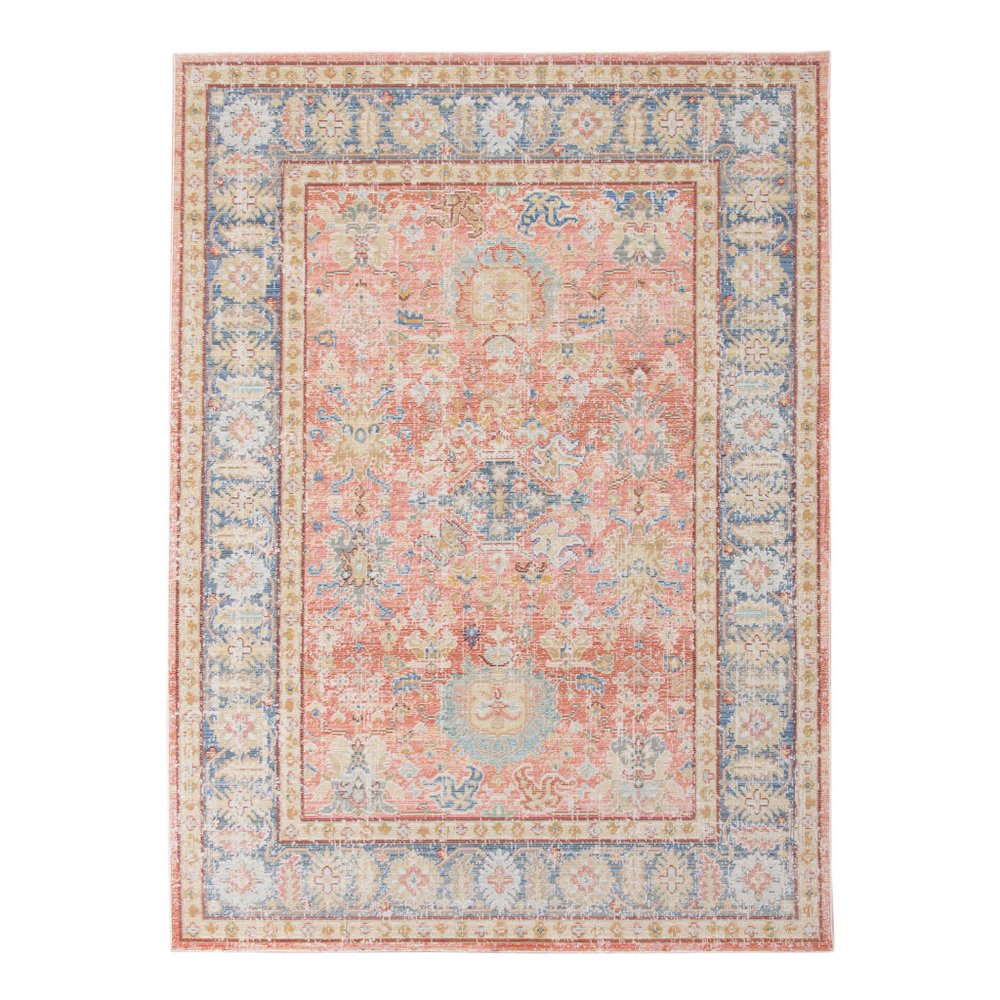 2' X 3' Coral And Blue Oriental Distressed Area Rug