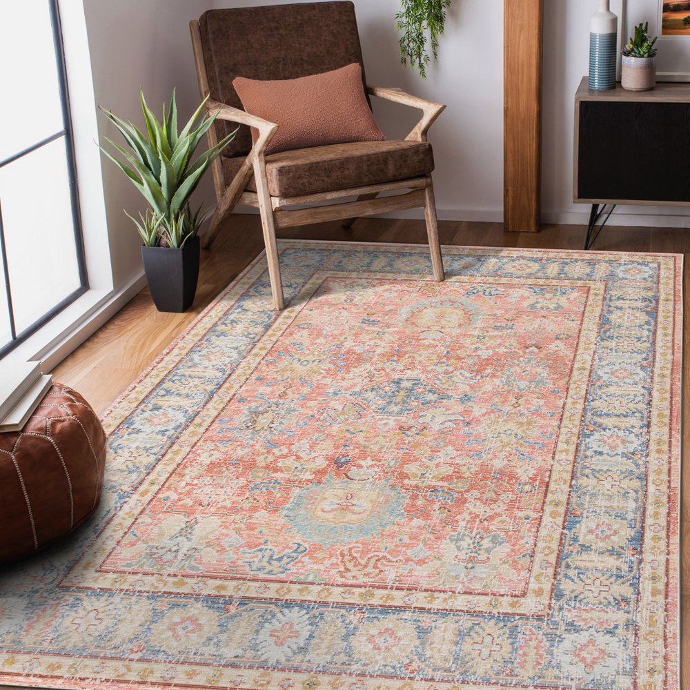 2' X 3' Coral And Blue Oriental Distressed Area Rug