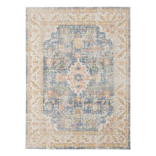 2' X 3' Coral And Blue Floral Distressed Area Rug