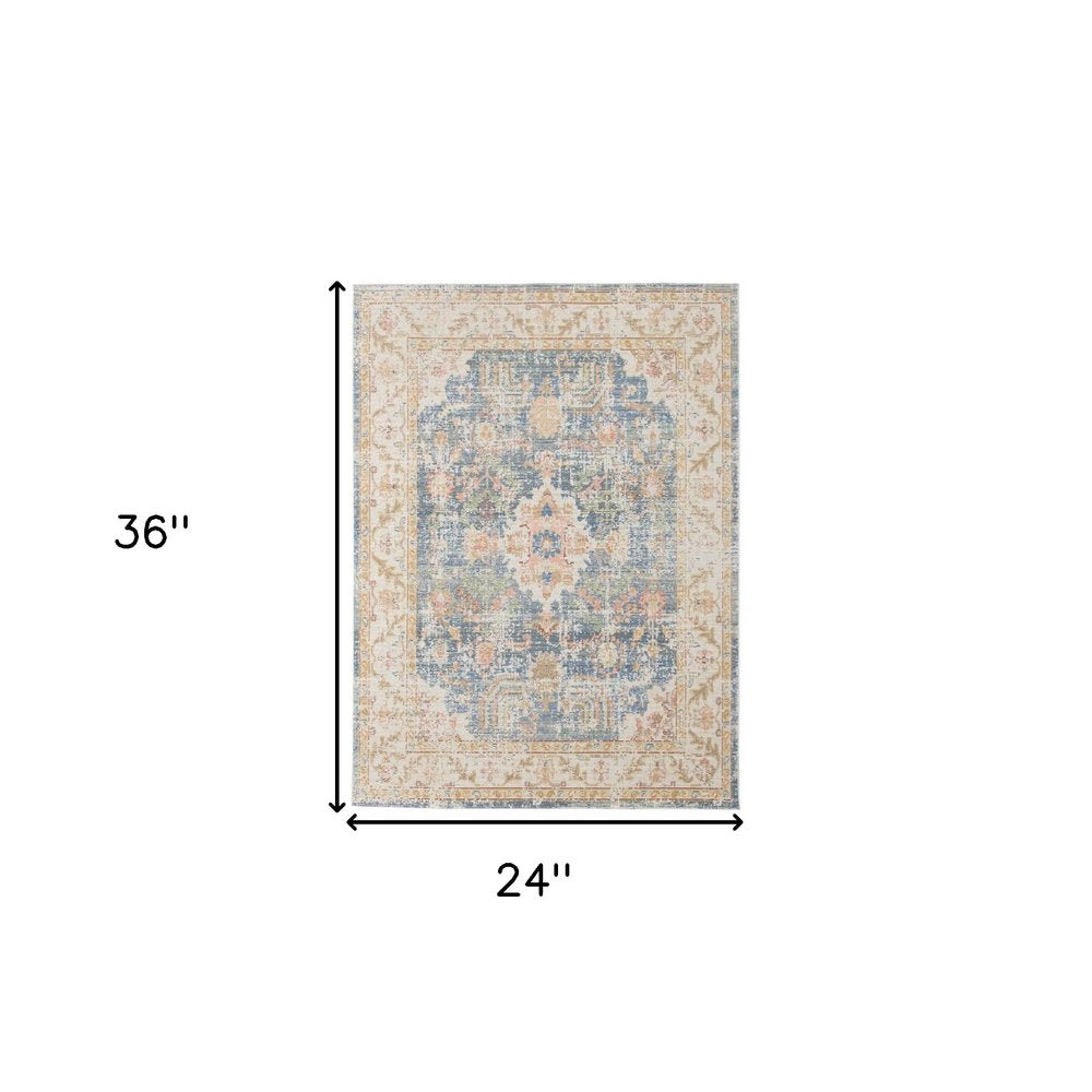 2' X 3' Coral And Blue Floral Distressed Area Rug