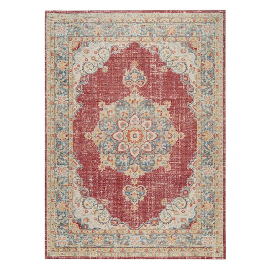 2' X 3' Ivory Red And Blue Medallion Distressed Area Rug