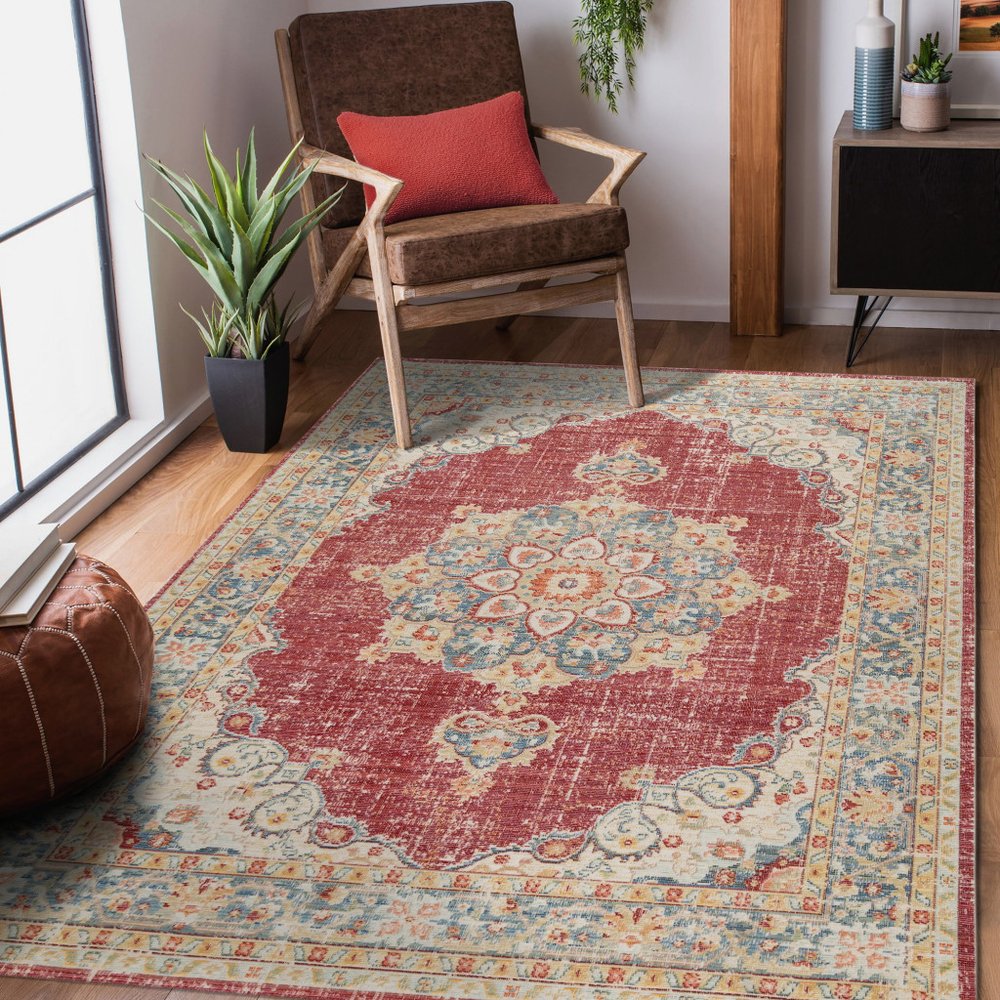 2' X 3' Ivory Red And Blue Medallion Distressed Area Rug
