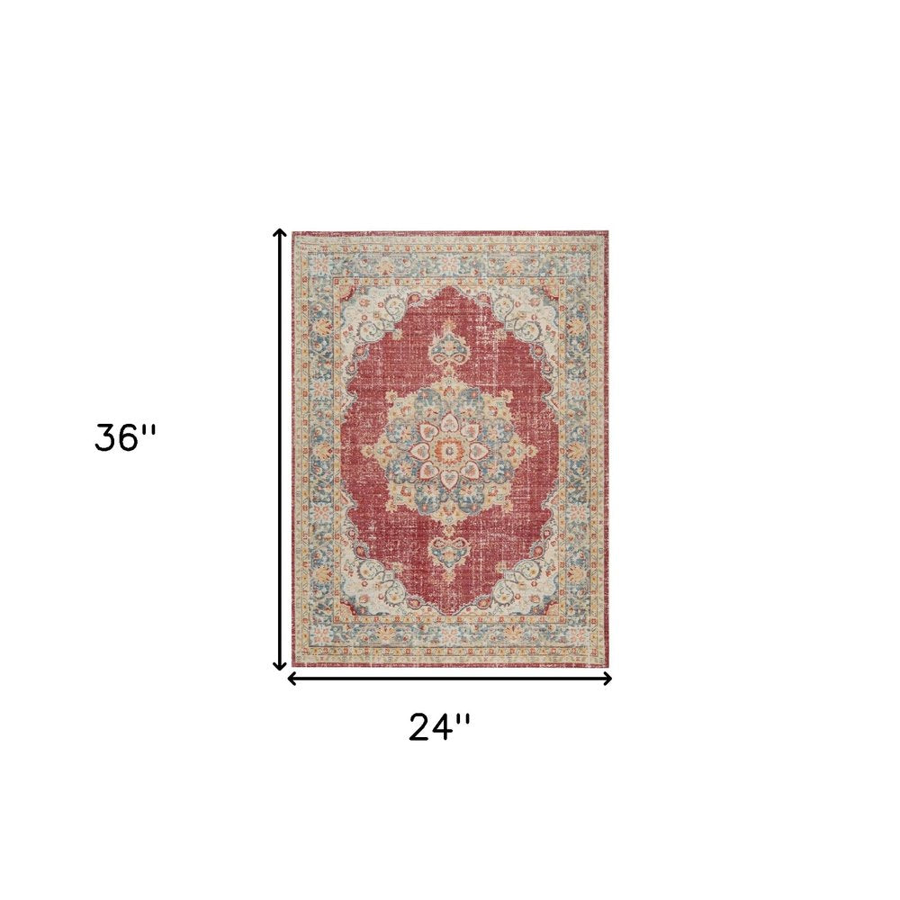 2' X 3' Ivory Red And Blue Medallion Distressed Area Rug