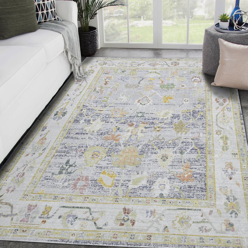 2' X 3' Ivory Blue And Green Floral Distressed Area Rug