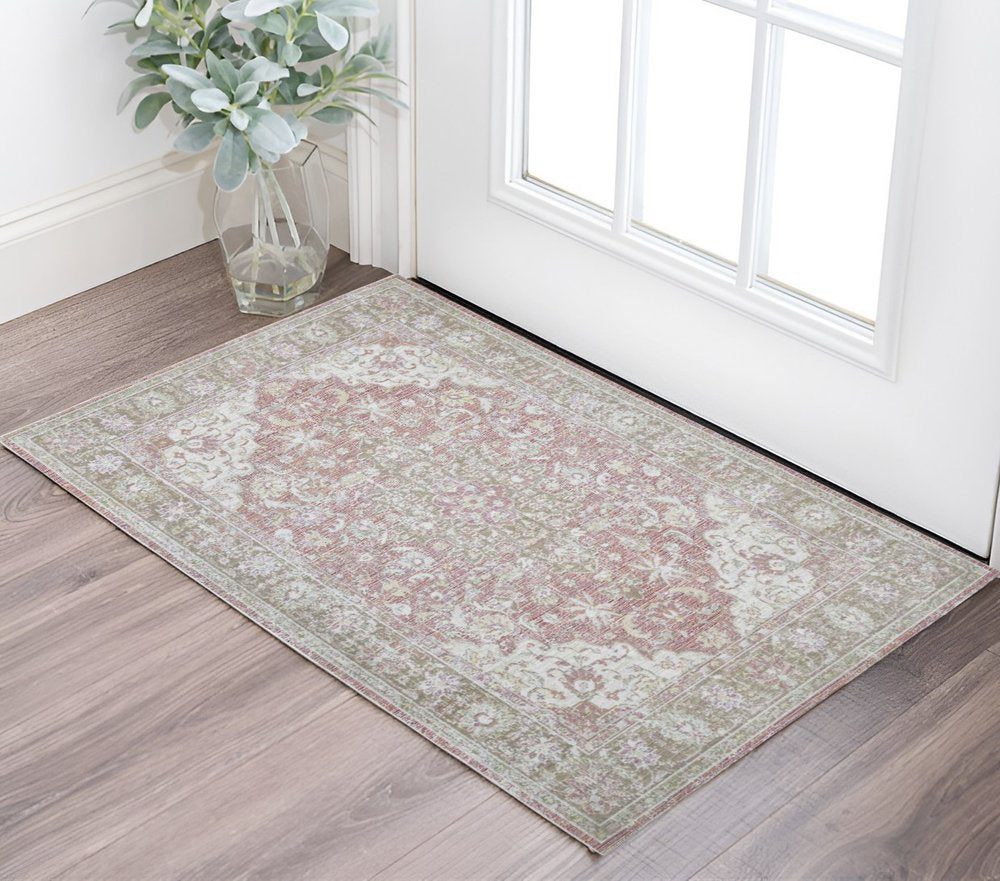 2' X 3' Pink And Gray Medallion Distressed Area Rug