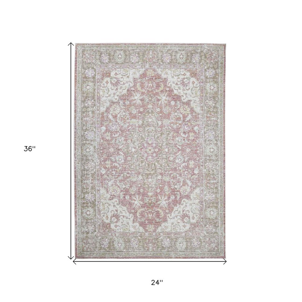 2' X 3' Pink And Gray Medallion Distressed Area Rug