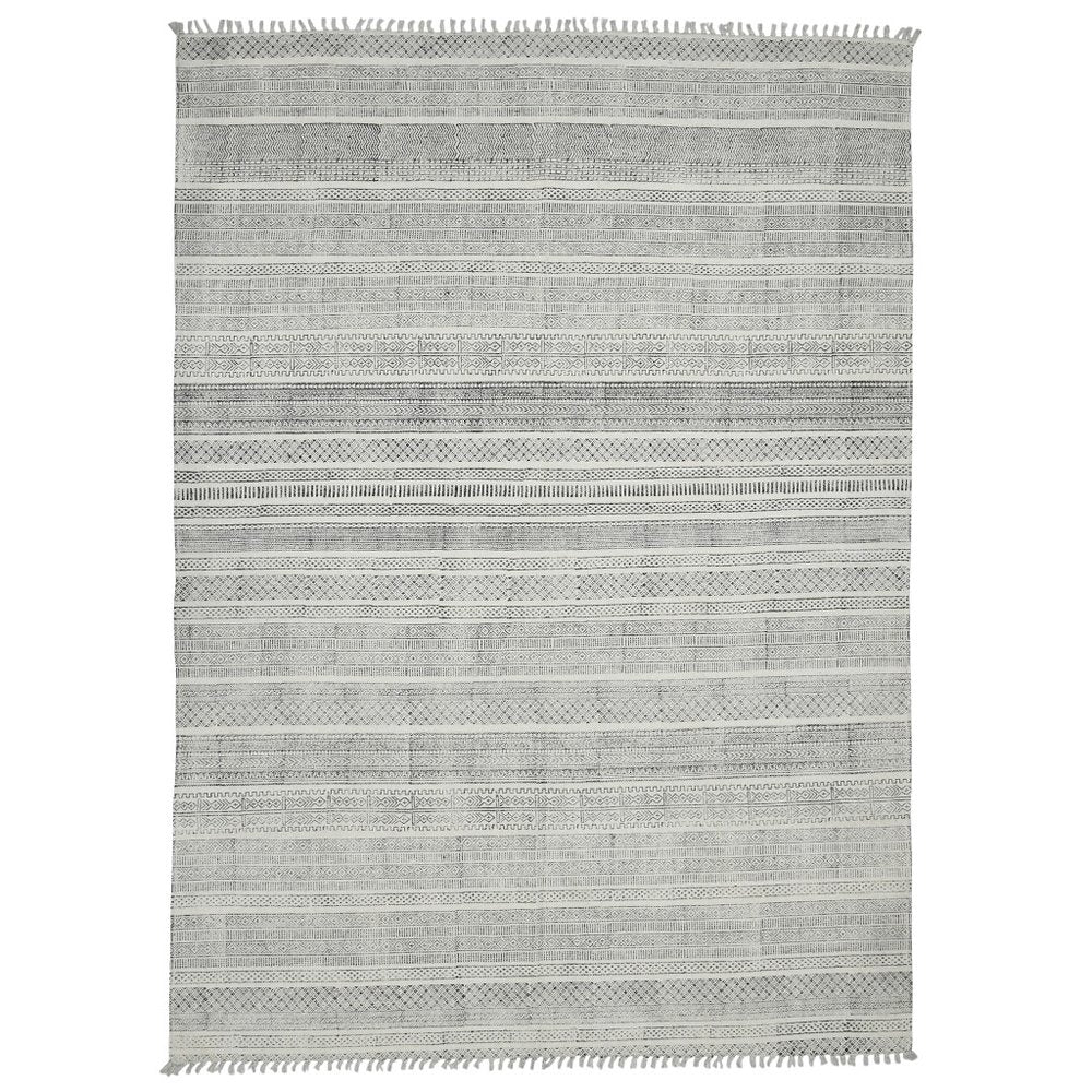 2' X 3' Ivory Black And Gray Geometric Flatweave Handmade Distressed Area Rug With Fringe