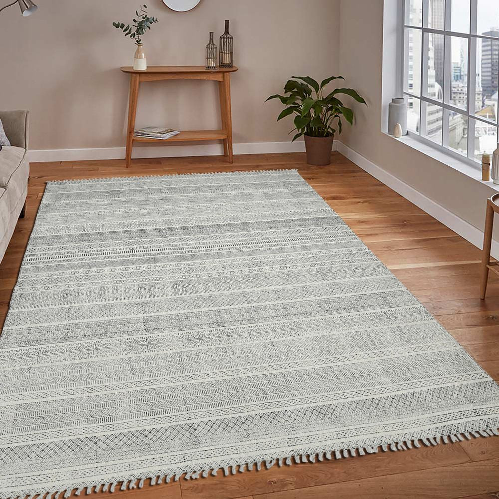 2' X 3' Ivory Black And Gray Geometric Flatweave Handmade Distressed Area Rug With Fringe