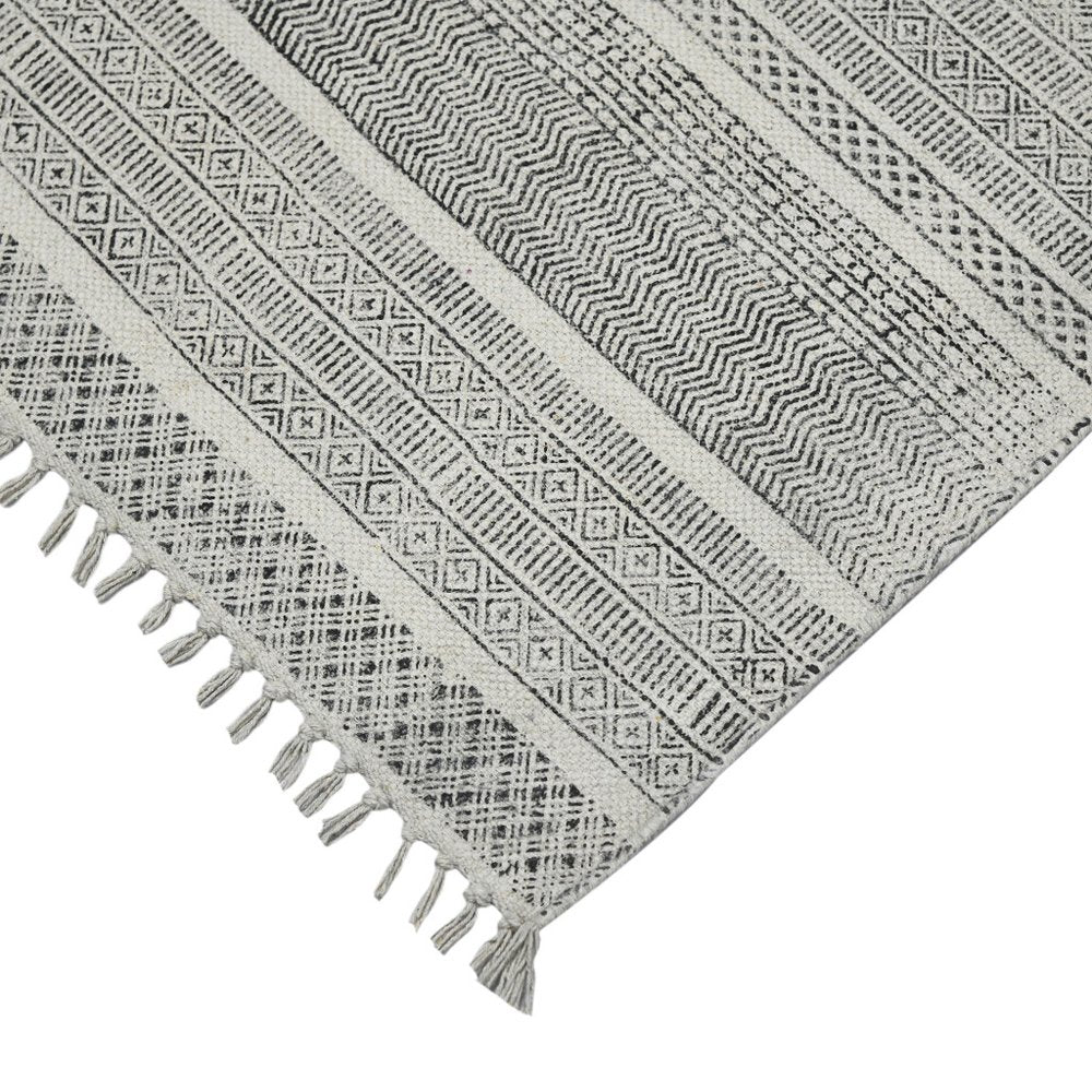 2' X 3' Ivory Black And Gray Geometric Flatweave Handmade Distressed Area Rug With Fringe