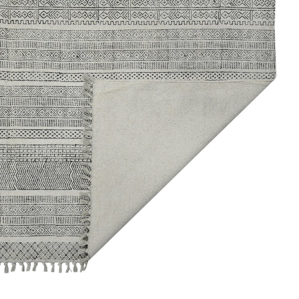 2' X 3' Ivory Black And Gray Geometric Flatweave Handmade Distressed Area Rug With Fringe