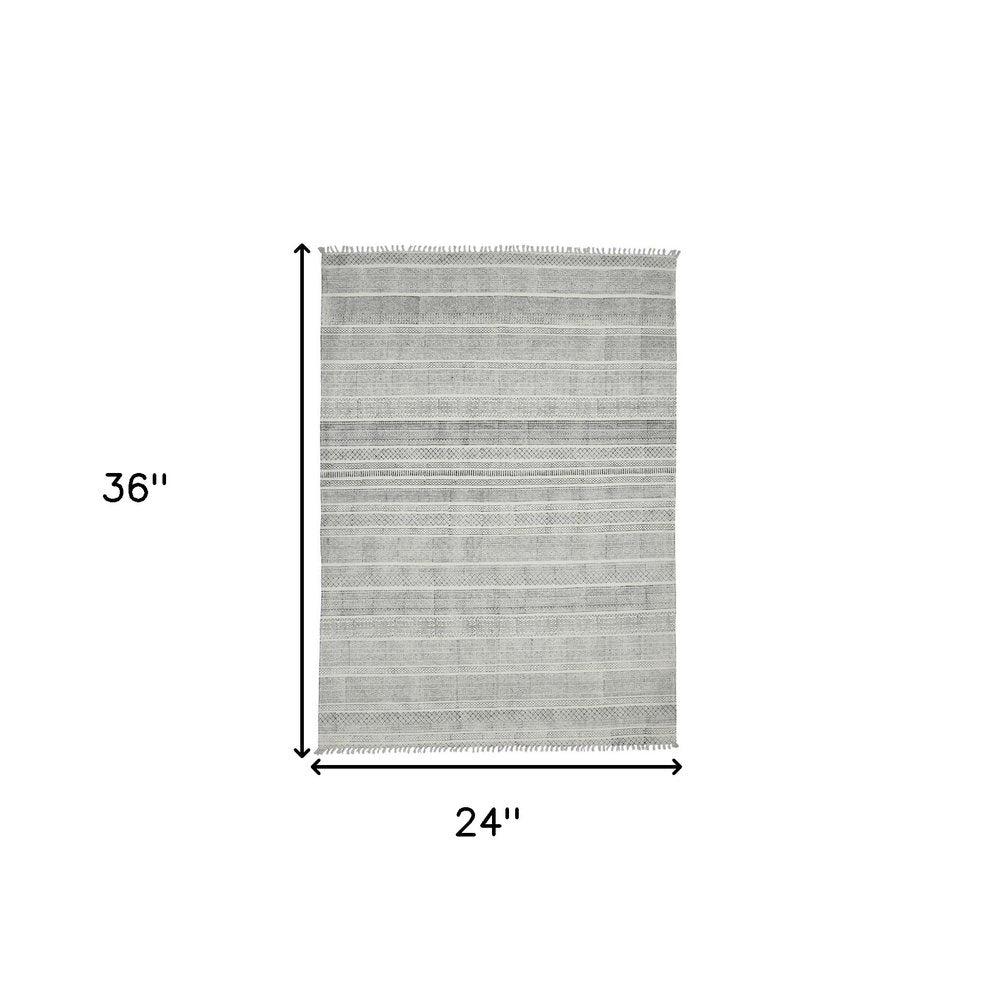 2' X 3' Ivory Black And Gray Geometric Flatweave Handmade Distressed Area Rug With Fringe