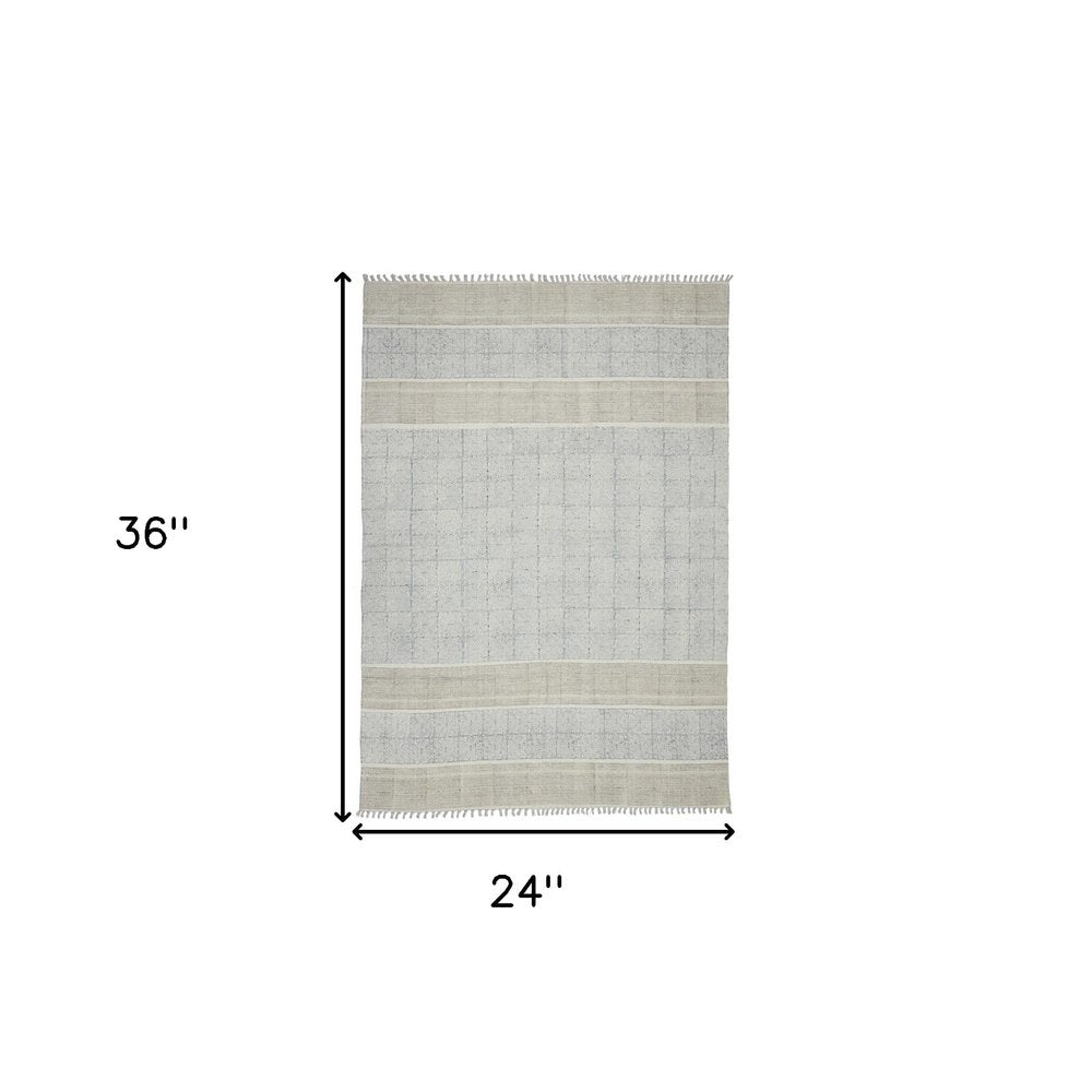 2' X 3' Blue And Gray Striped Flatweave Handmade Distressed Area Rug With Fringe