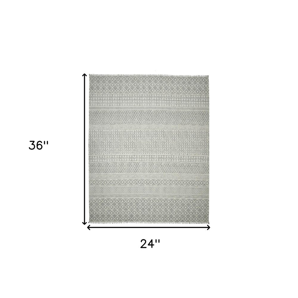 2' X 3' Gray And Ivory Geometric Flatweave Handmade Distressed Area Rug With Fringe