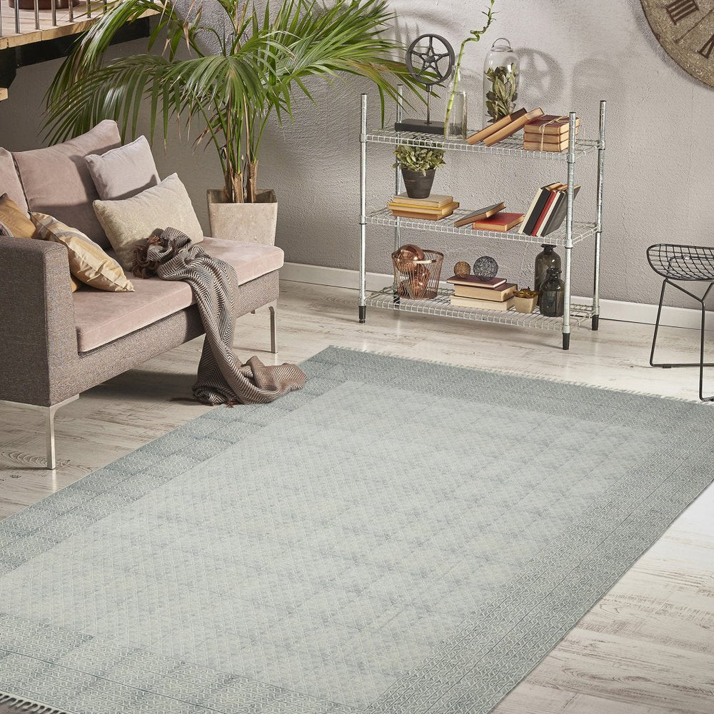 2' X 3' Gray And Blue Geometric Flatweave Handmade Distressed Area Rug With Fringe