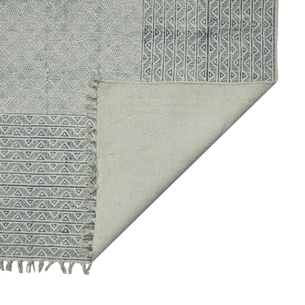 2' X 3' Gray And Blue Geometric Flatweave Handmade Distressed Area Rug With Fringe