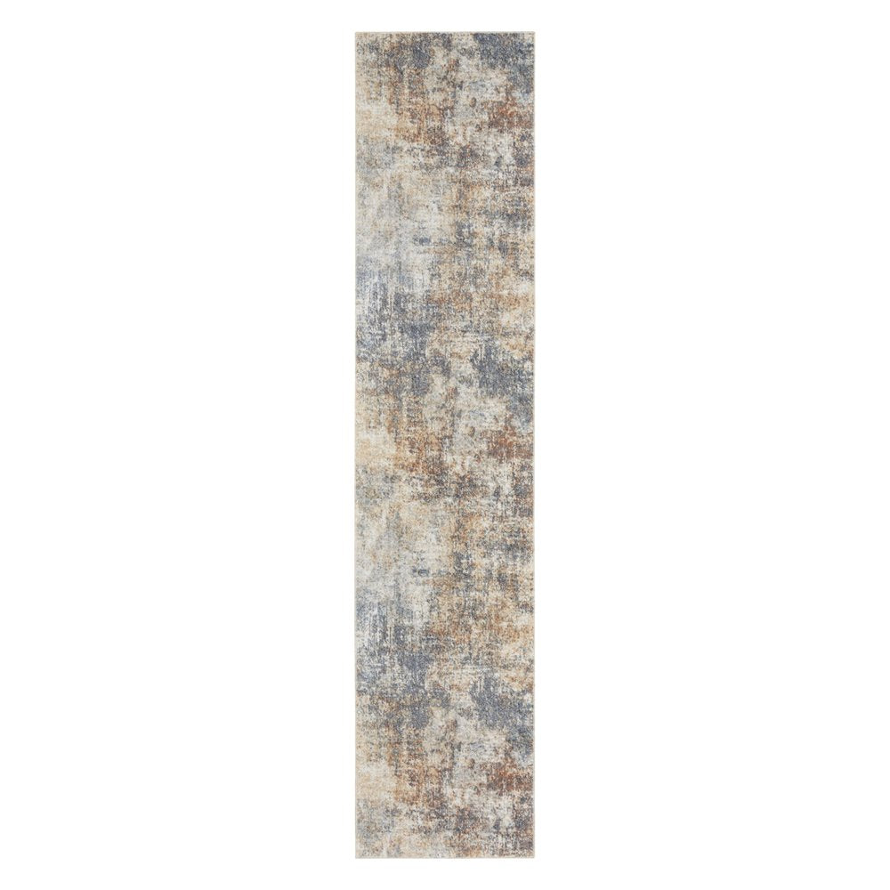 10' Ivory Blue And Brown Abstract Runner Rug