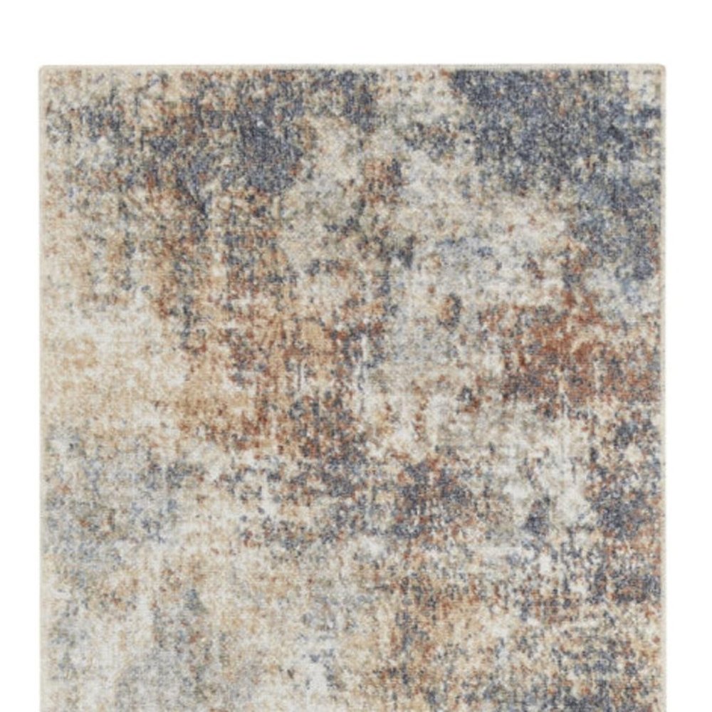 10' Ivory Blue And Brown Abstract Runner Rug