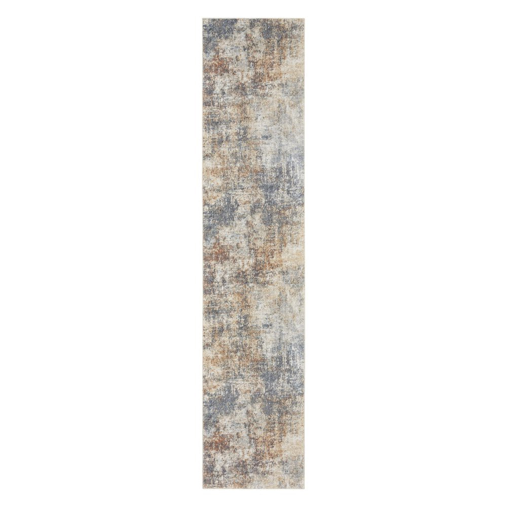 10' Ivory Blue And Brown Abstract Runner Rug