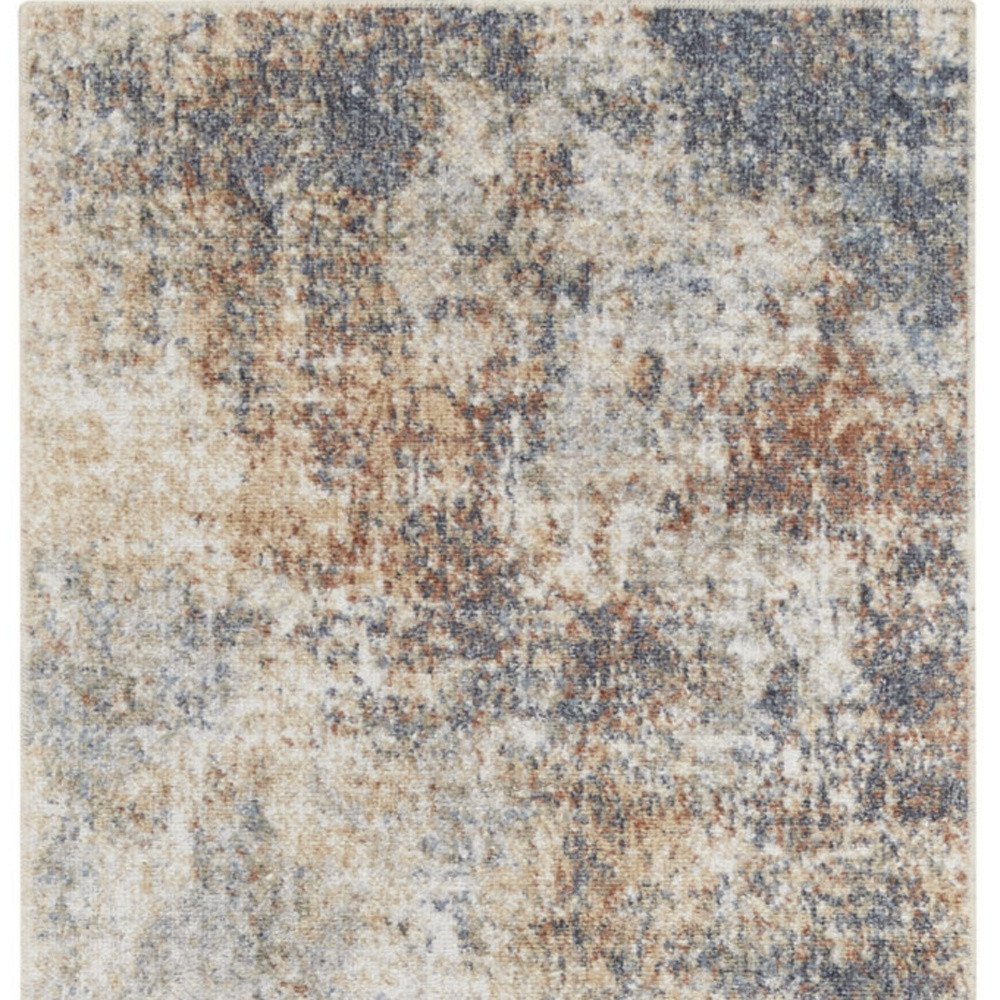 10' Ivory Blue And Brown Abstract Runner Rug