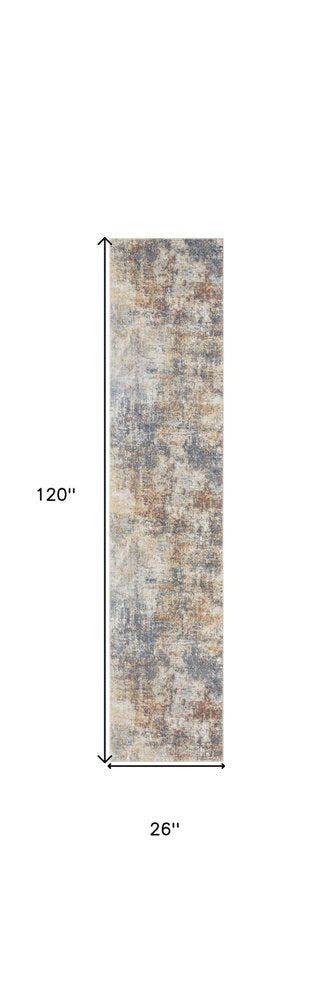 10' Ivory Blue And Brown Abstract Runner Rug