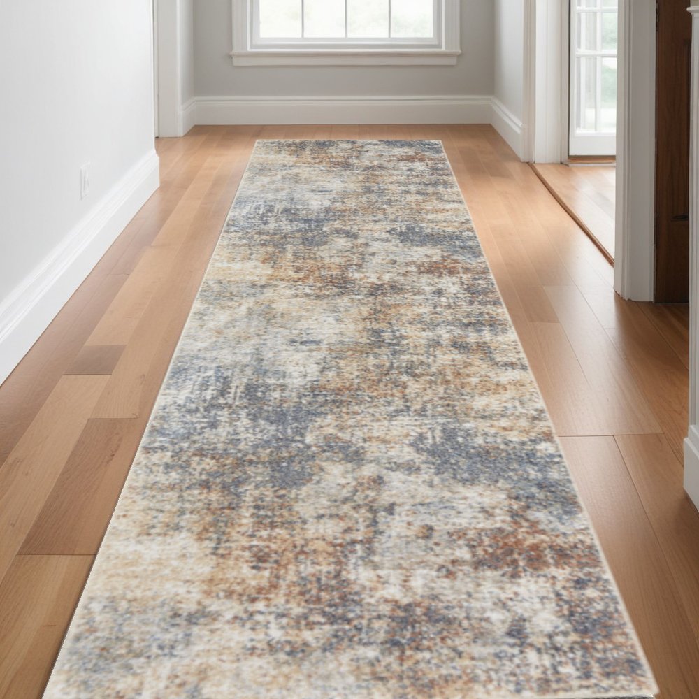10' Ivory Blue And Brown Abstract Runner Rug