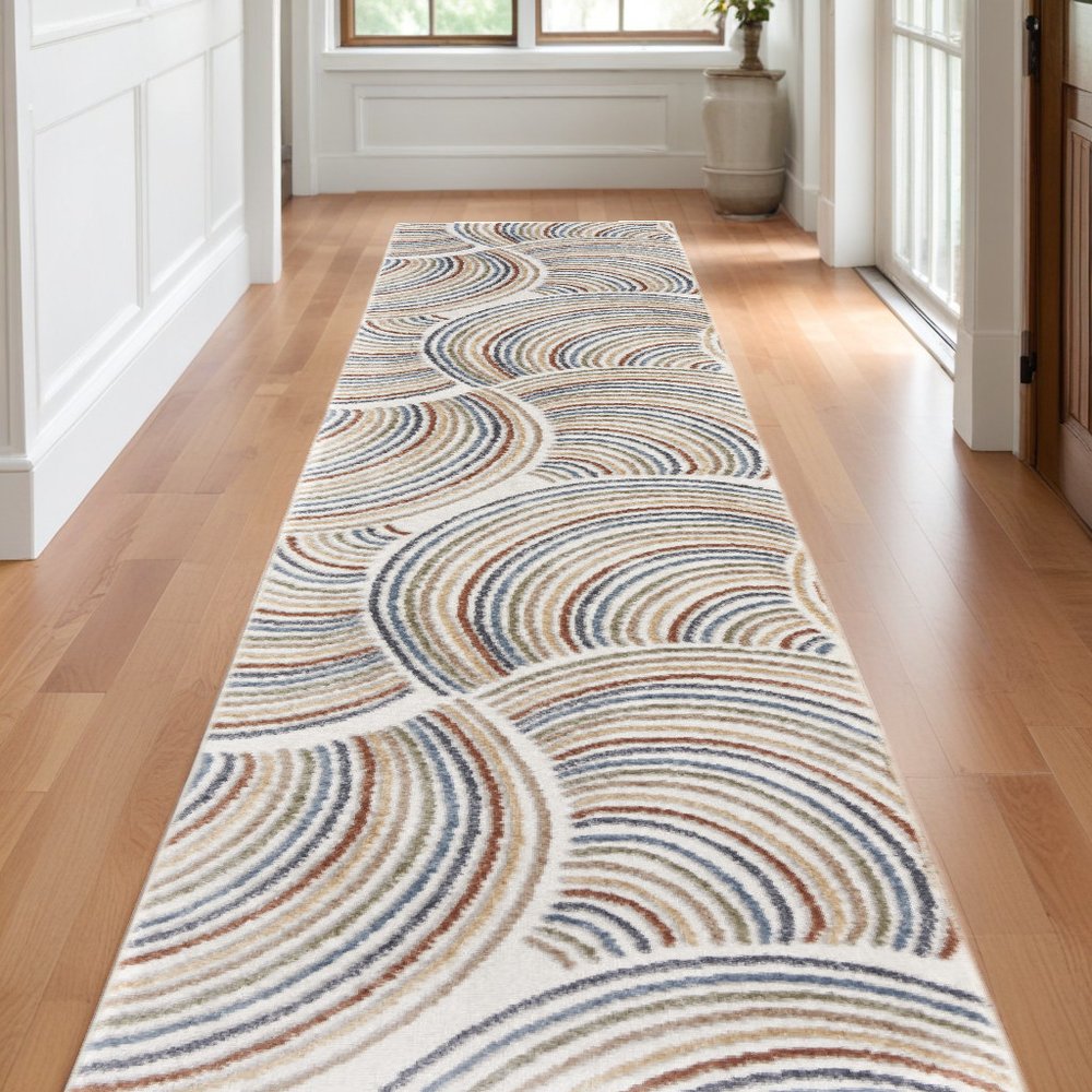 12' Blue And Ivory Abstract Washable Runner Rug