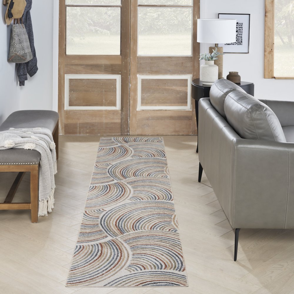 12' Blue And Ivory Abstract Washable Runner Rug