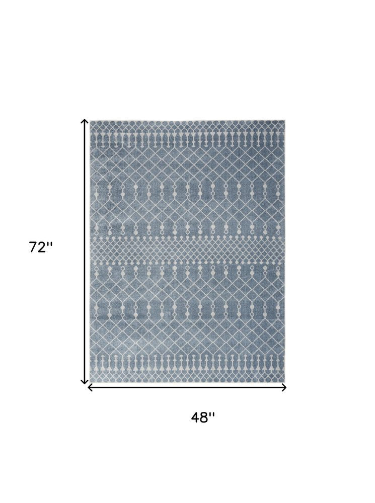 4' X 6' Blue and Ivory Abstract Power Loom Washable Area Rug