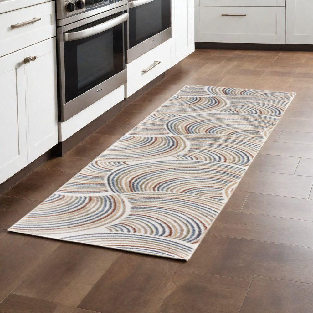 8' Blue And Ivory Abstract Washable Runner Rug