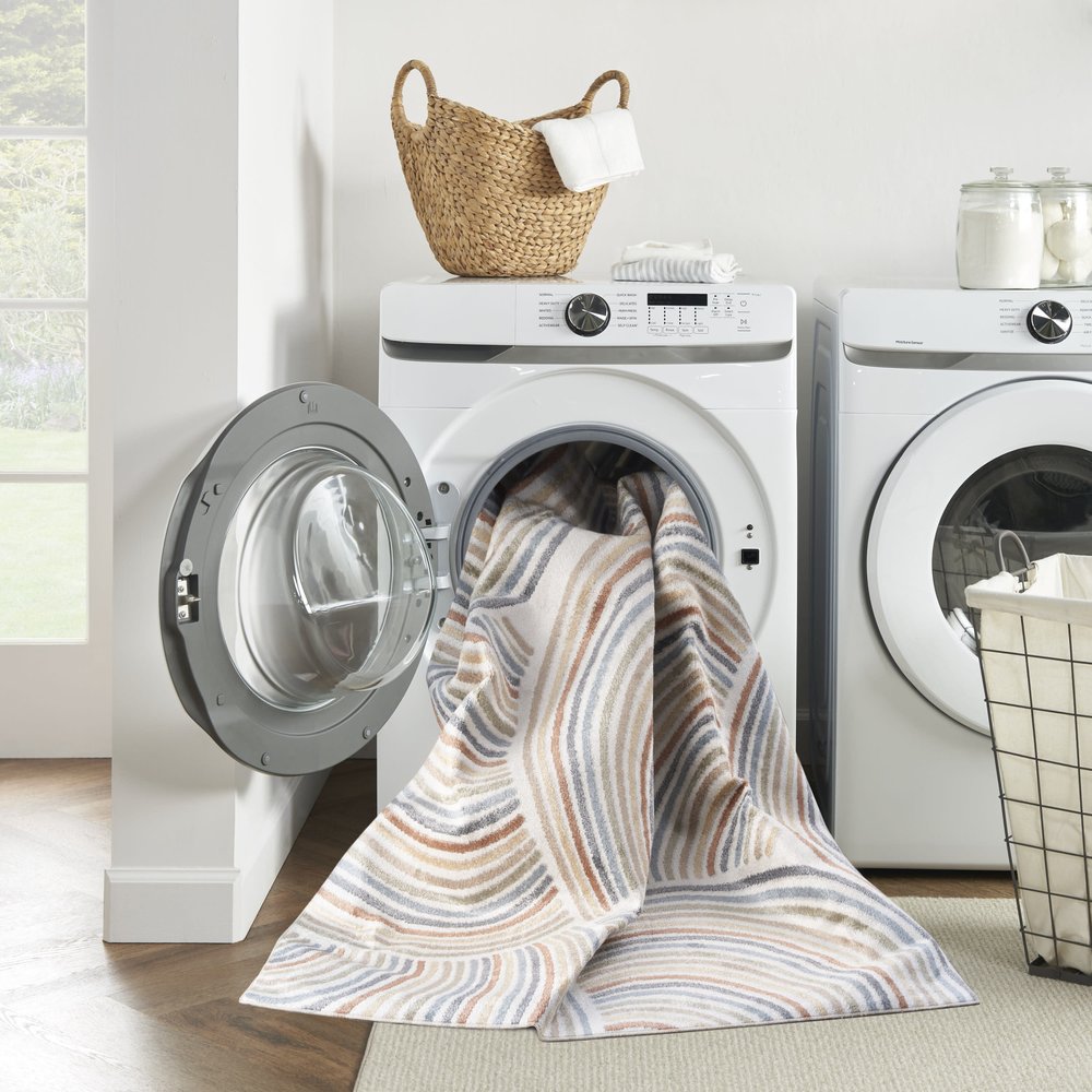 8' Blue And Ivory Abstract Washable Runner Rug