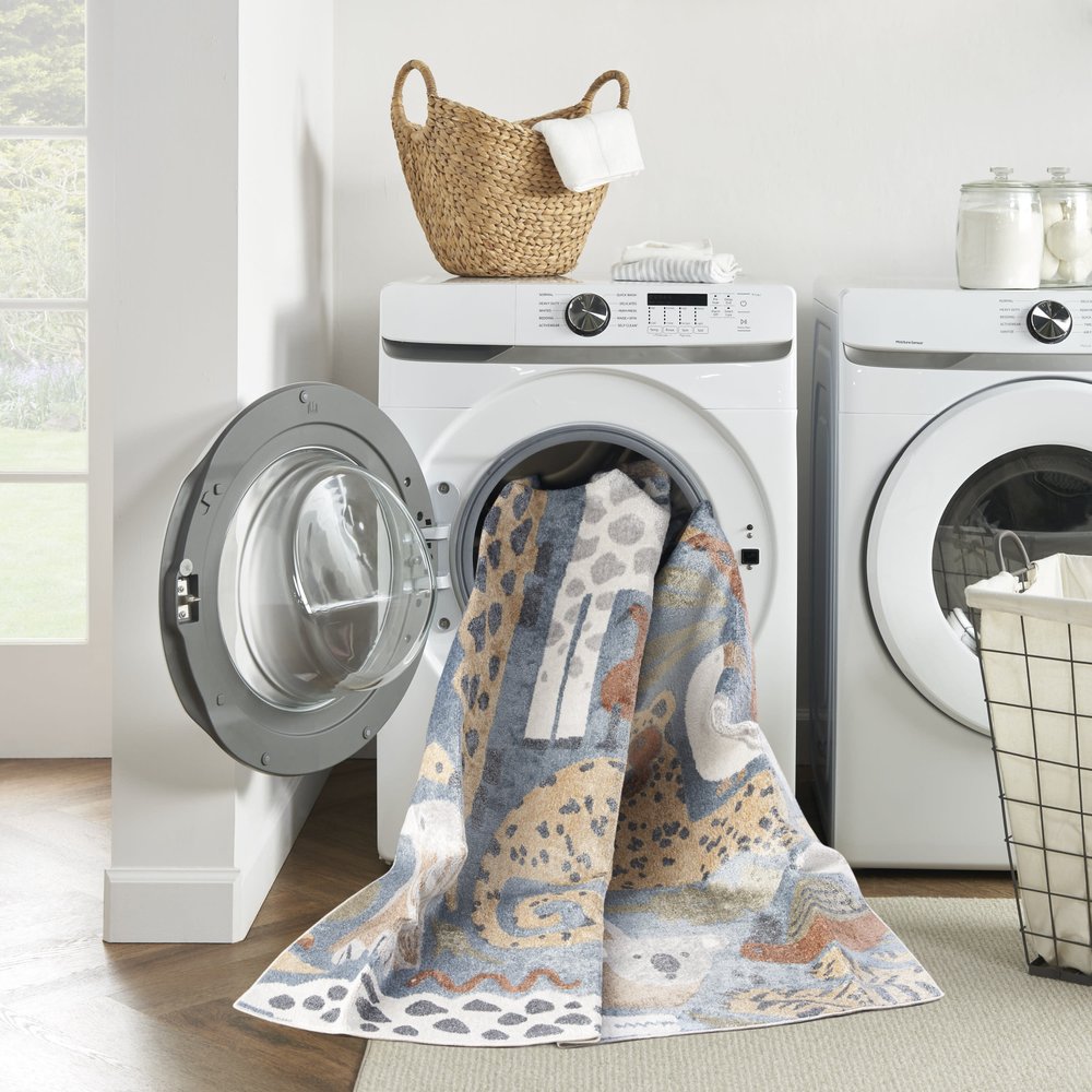 3' X 5' Ivory Blue and Gray Kids Safar Animal Print Washable Area Rug