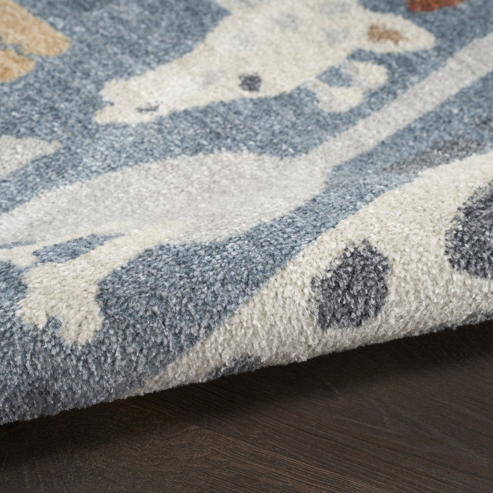 5' X 7' Ivory Blue and Gray Kids Jungle Animal Print Washable Area Rug