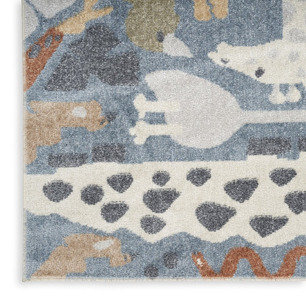 5' X 7' Ivory Blue and Gray Kids Jungle Animal Print Washable Area Rug
