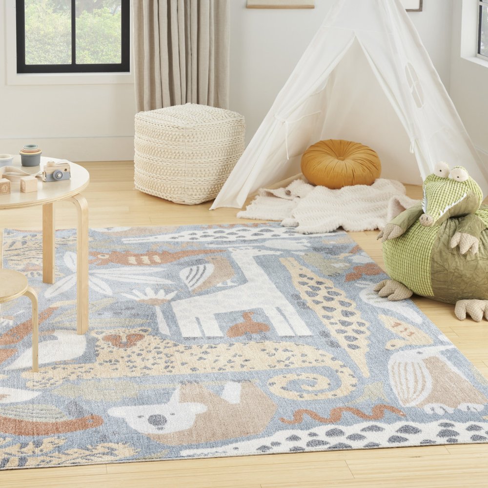 5' X 7' Ivory Blue and Gray Kids Jungle Animal Print Washable Area Rug