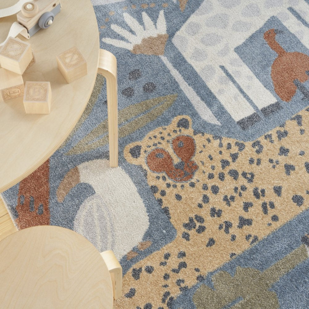 5' X 7' Ivory Blue and Gray Kids Jungle Animal Print Washable Area Rug