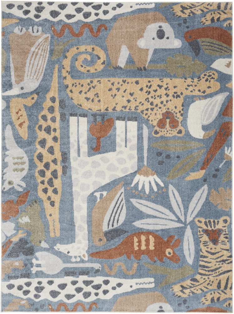 5' X 7' Ivory Blue and Gray Kids Jungle Animal Print Washable Area Rug