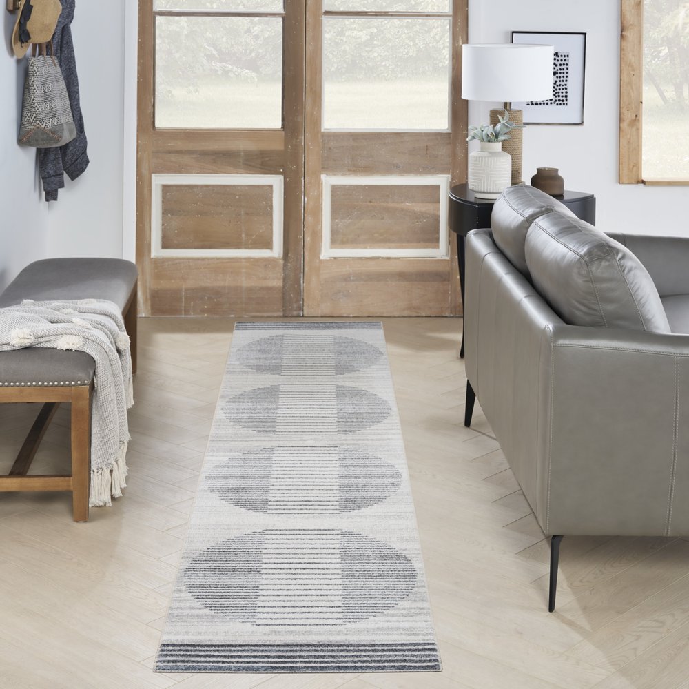 10' Blue And Ivory Geometric Washable Runner Rug