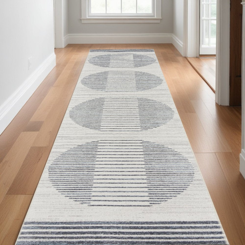 10' Blue And Ivory Geometric Washable Runner Rug