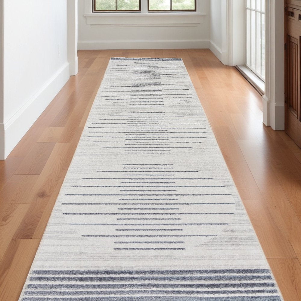 10' Blue And Ivory Geometric Washable Runner Rug